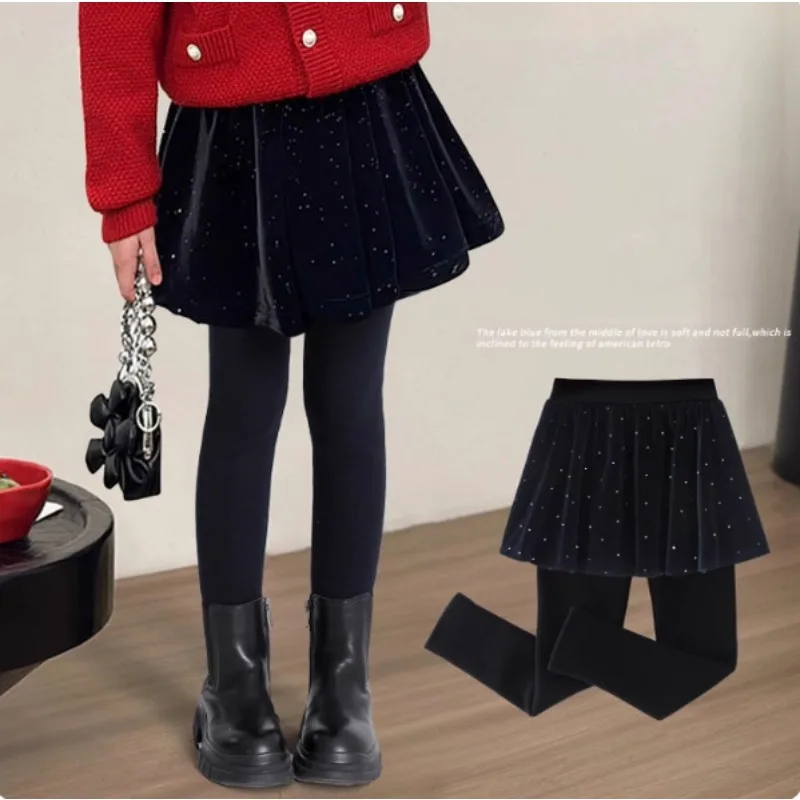 UNITIM Girls Fake Two-Piece Skirt Leggings Autumn Winter Velvet Fleece Lined Warm Kids Base Pants Toddler Half Skirt Trousers