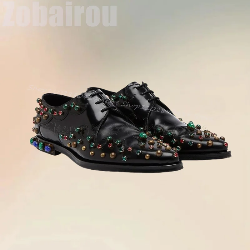 

Colorful Beads Decor Black Pointed Toe Men Shoes Fashion Lace Up Male Shoes Luxury Handmade Party Feast Office Men Casual Shoes