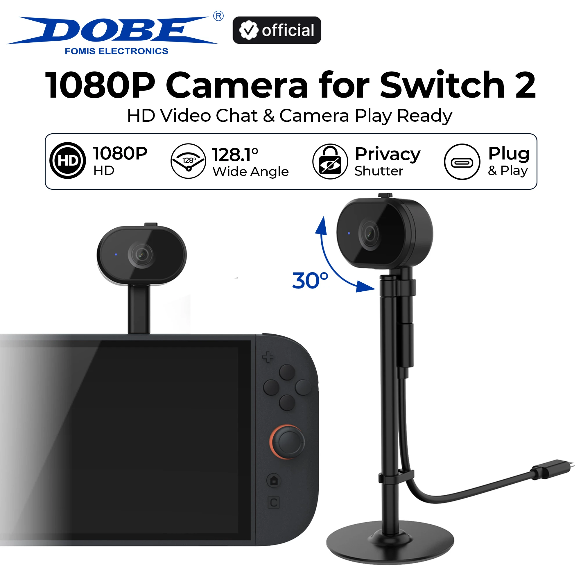 Cámara DOBE 1080P para Switch 2, Conexión Tipo-C Plug and Play 128.1 °   Lente gran angular, cámara web HD para CameraPlay, accesorio para juegos Switch2