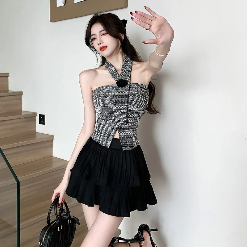 2024 Summer New Dress Sets Women Halter Strapless Tops + High Waist Pleated Skirts Female Korean Style Fashion Two-piece Set