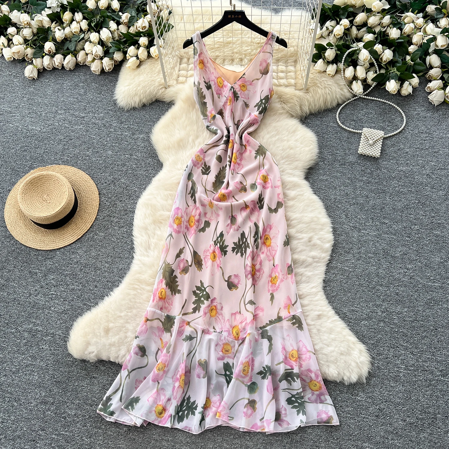 Chic stampa vintage con volant scollo a V senza maniche Elegante fata moda coreana Boho Sundress Beach abbigliamento donna