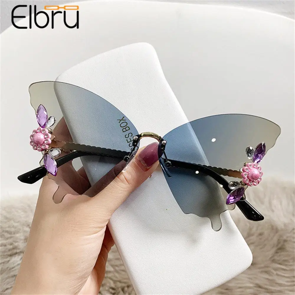 

Elbru Luxury Framless Butterfly Sunglasses Women Men Brand Design Diamond Glitter SunShades Eyeglasses Unisex UV400 Eyewear Gafa