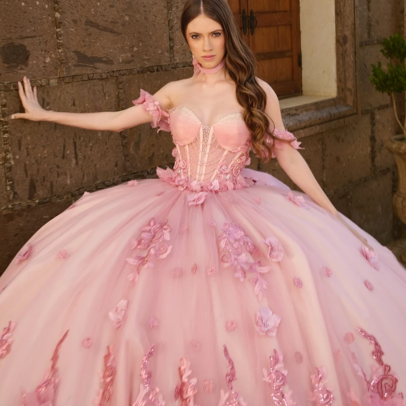 فساتين Quinceanera الوردية اللامعة قبالة الكتف زين زهرة الخرز تول القوس حفلة عيد ميلاد الحلو 16 فستان Vestidos 15 De Anos