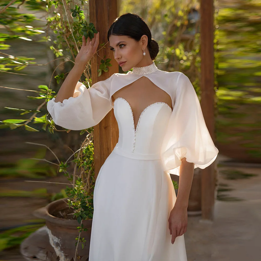 Unique White Detachable Sleeve Wedding Dress For Bride Backless Modern Long Train Bridal Gown With Pearls Custom Robe De Mariee