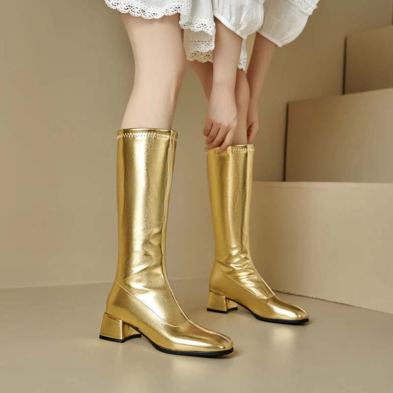 Plus Size Metallic Knee High Boots Zipper Square Toe Low Block Heel Shiny Mirror Leather Tall Boots Y2K Club Stage Footwear