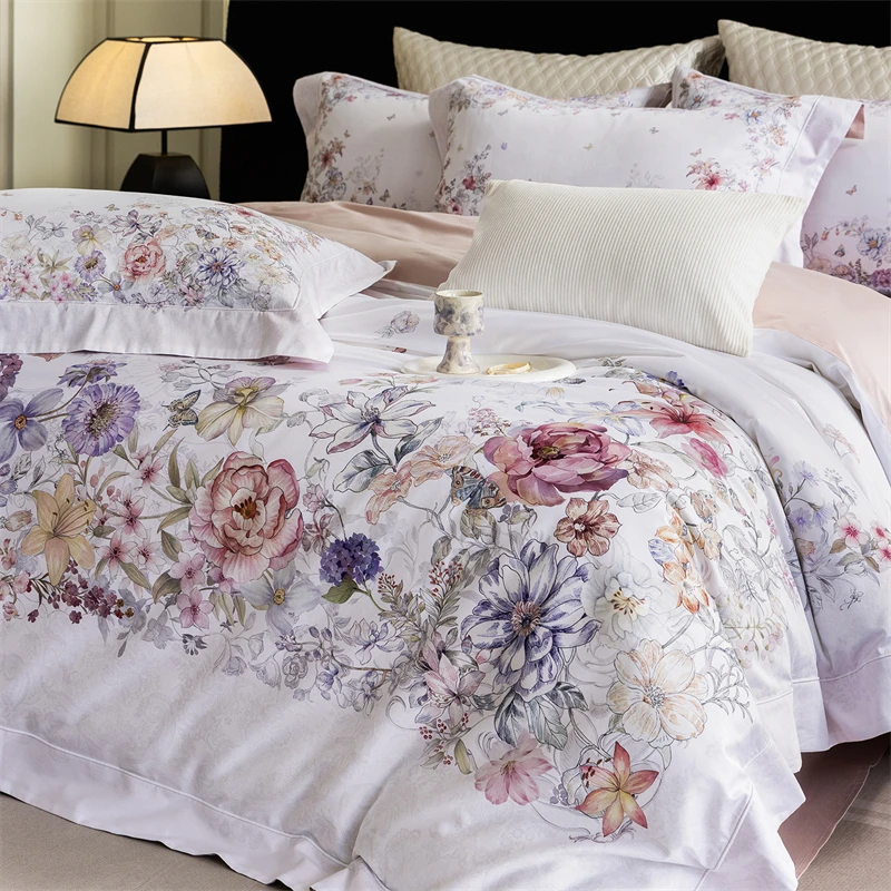 800TC Egyptian Cotton Blooming Flowers Prints Luxury Bedding Set Queen King Size Duvet Cover Flat/Fitted Sheet Pillowcases 4Pcs