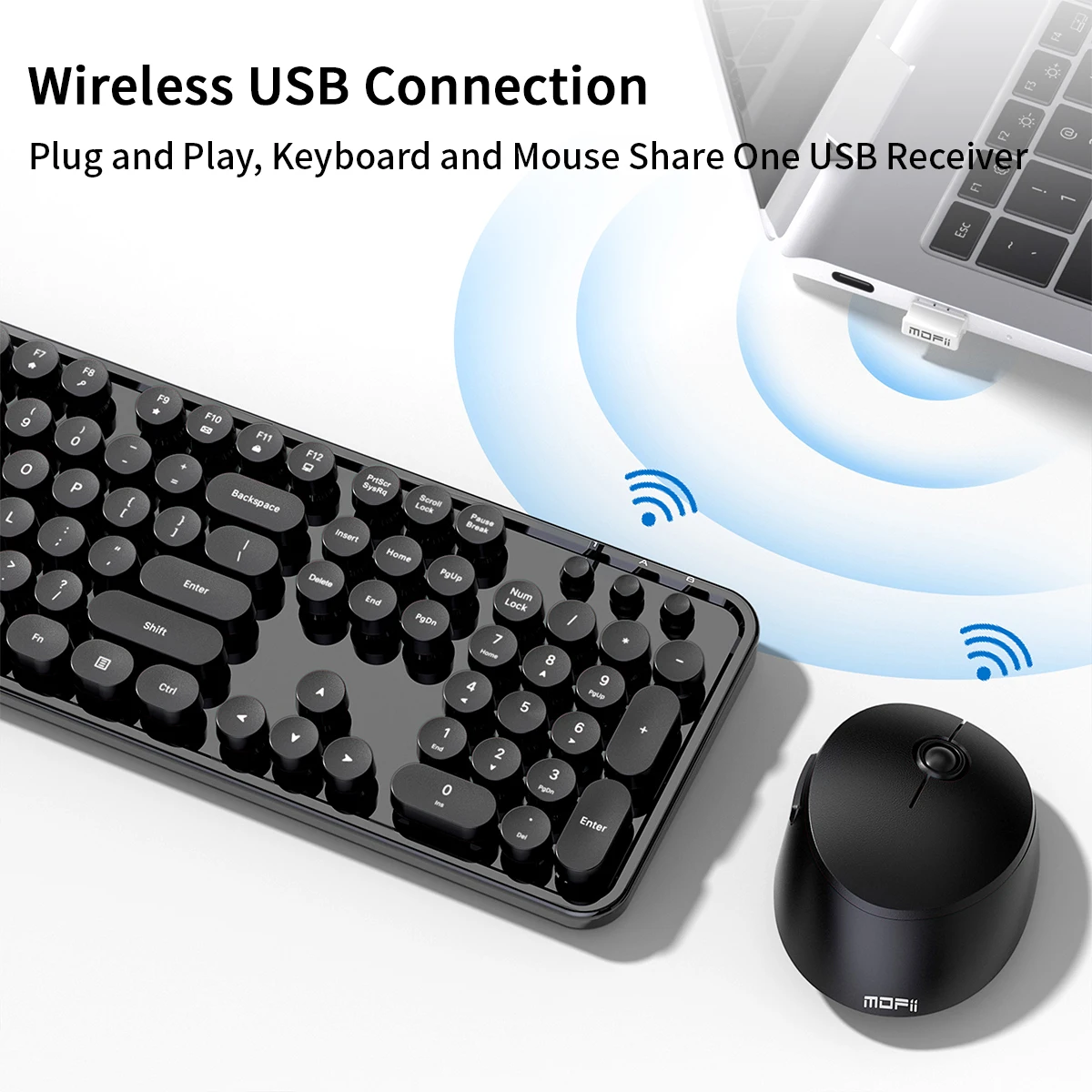 MOFii Black Retro Round Keycaps Wireless Keyboard & Mouse Combo, 2.4G Quiet Office Set, US QWERTY Layout