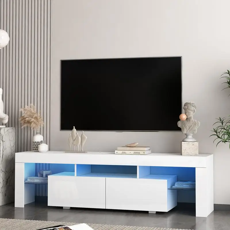 Soporte de TV moderno de alto brillo con iluminación LED para televisores de hasta 65 pulgadas, elegante consola de TV con gabinetes de almacenamiento para sala de estar