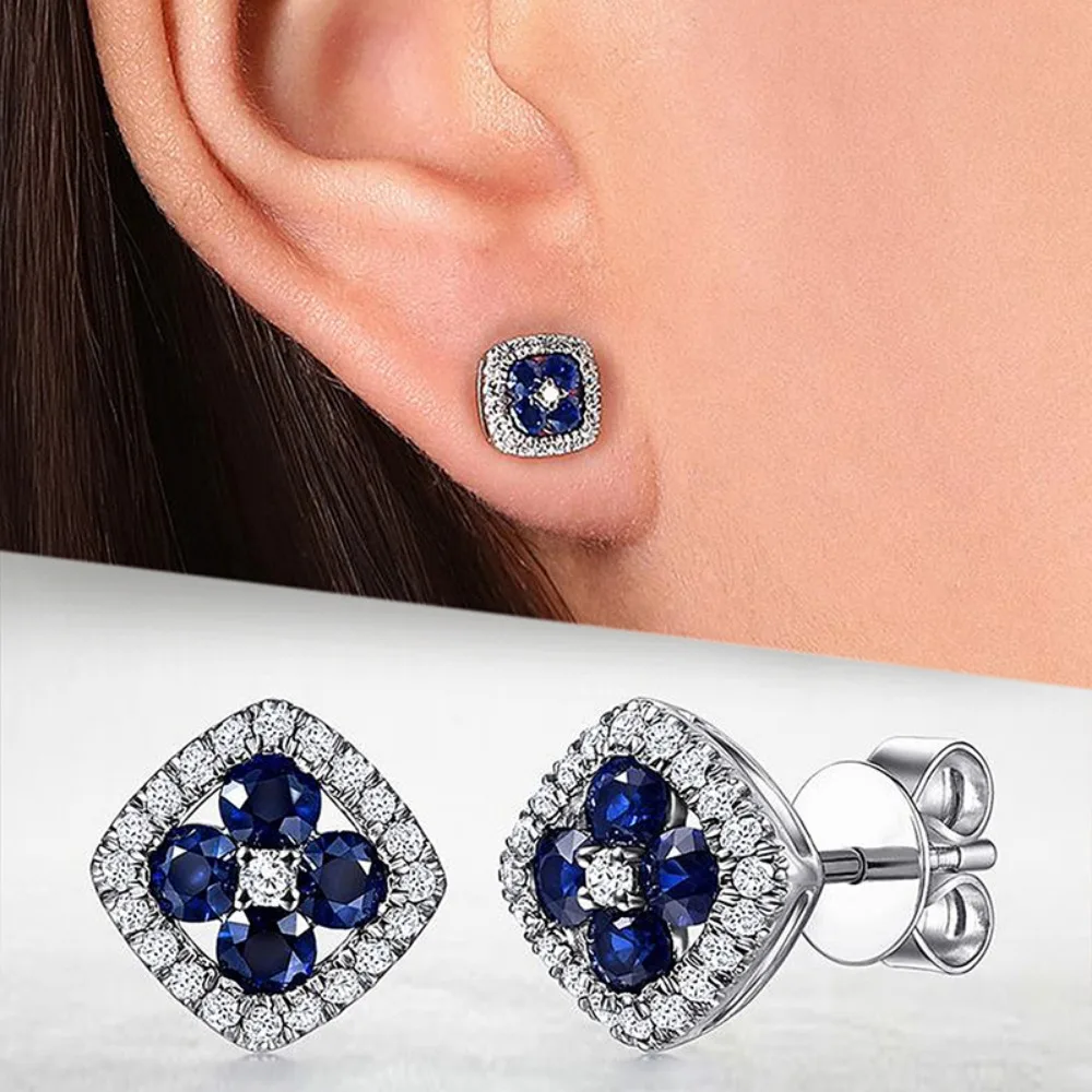 Temperament Luxury Court Style Blue 5A Zircon Four-leaf Petal Flower Outer Ring Stud Earrings for Women Fashion Daily Jewelry