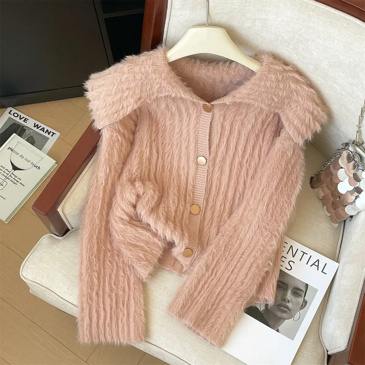 Korejpaa Mink Fur Sweater Jacket Women Autumn Winter New Warm Cardigans Top Elegant Simple Solid Short Knitted Cardigan Clothes