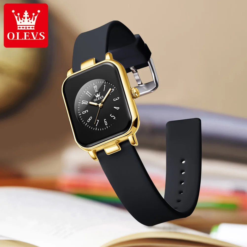 OLEVS 9961 Original Quartz Watches for Women Silicone Strap Waterproof Watch Black Square Digital Dial Ladies Dress Wristwatches