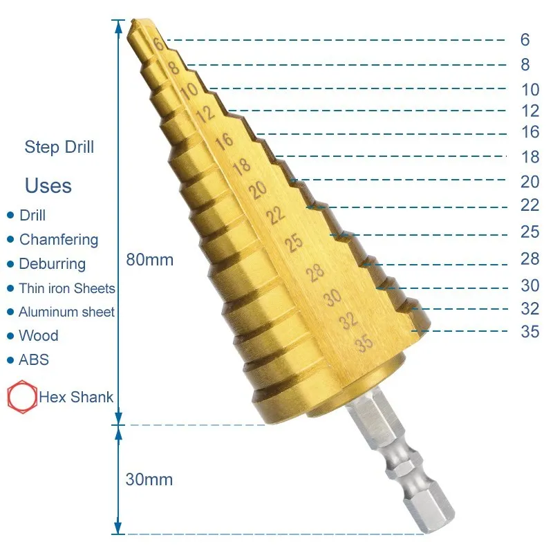 XCAN Step Drill Bit 1 Piece 3-13 4-22 6-35mm  Hex Shank High Speed Steel Hole Cutter Set P6M5 Metal Drill Drilling Tools