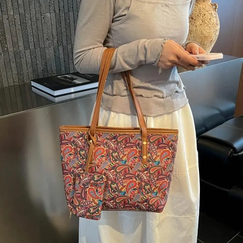

Bohemian Paisley Tote Bag with Matching Small Pouch PU Trim Reusable Waterproof Shopping Bag for Grocery