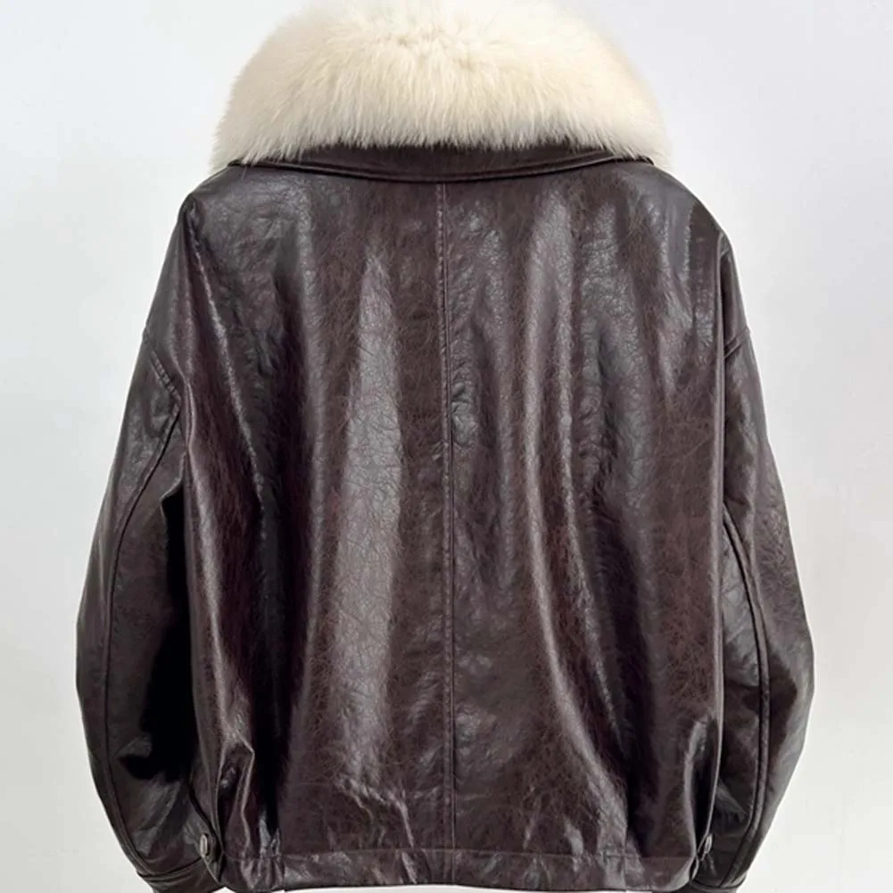 Herbst und Winter Neue Damen-Gänsedaunenjacke aus Kunstleder für Damen. Modische Jacke mit kurzem Fuchspelzkragen