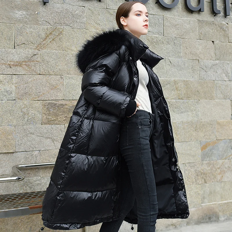 

Jacket Real Natural Raccoon Fur 2023 Winter Women Long White Duck Down Jacket Outwear Hooded Loose Coat Thick Warm Down Parka