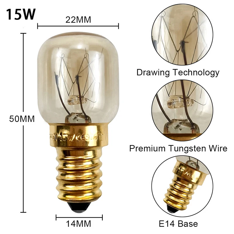 Bombilla de alta temperatura, 15W, 25W, E14, 300 grados, para horno microondas, lámpara de vapor de filamento de tungsteno, Bombilla de sal