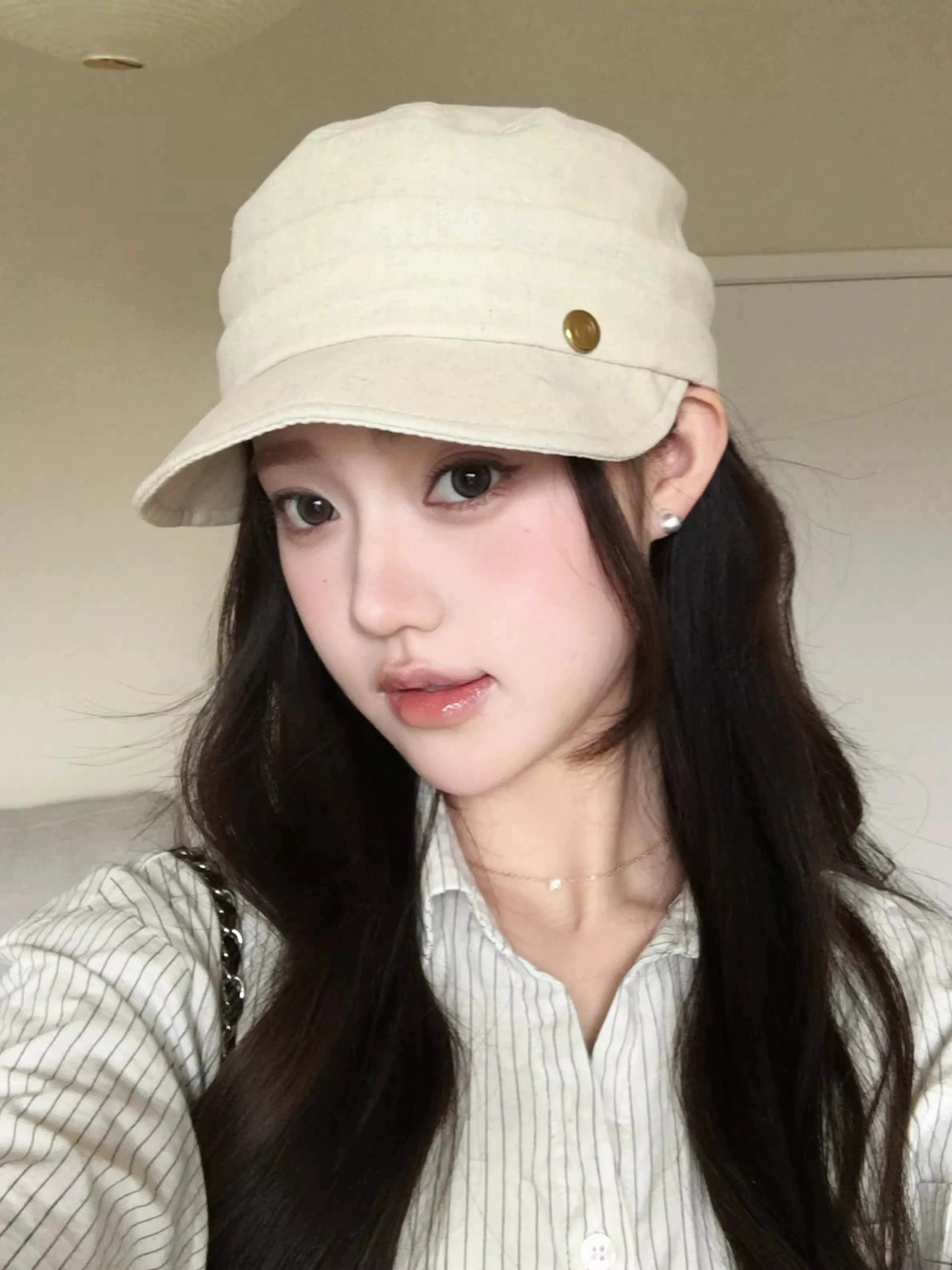 linen-pleated-equestrian-hat-women's-fashionable-face-slimming-sun-protection-wide-brim-hat-adjustable-band-flat-top-hat
