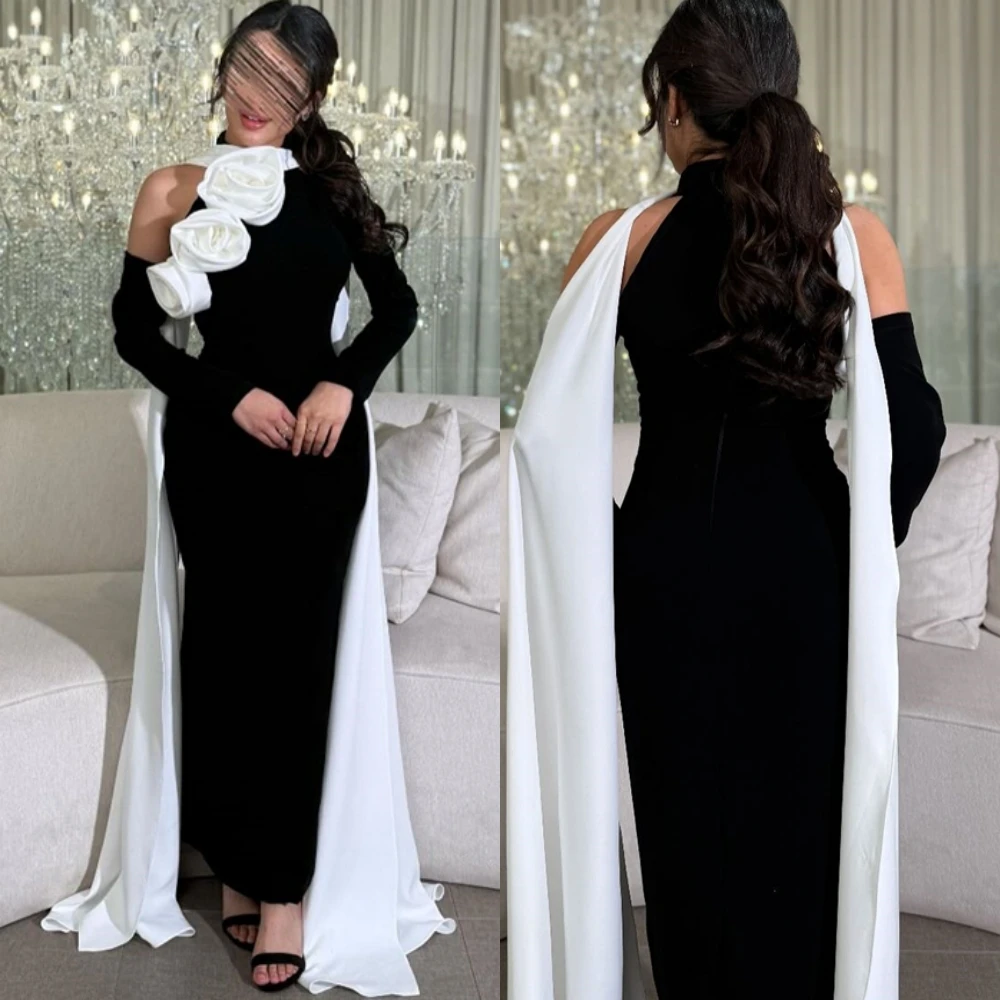 

Customized Classic Jersey High Collar Evening Dress Simple Long Sleeves Prom Dresses Delicate Flowers Special Occasion Gowns