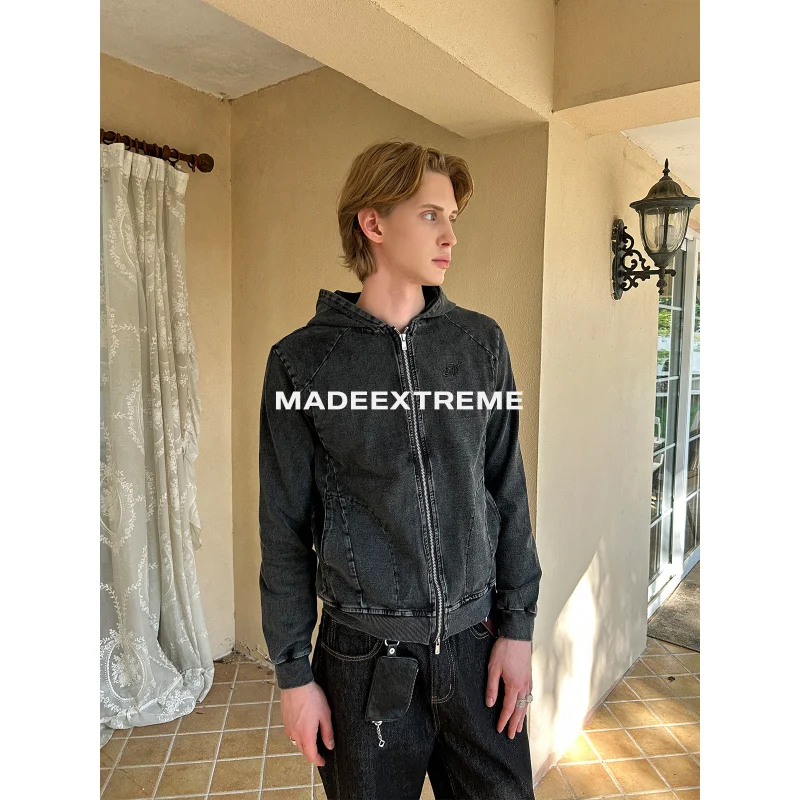 

[EME] Осенне-зимняя винтажная стираная вышитая буква ниндзя с капюшоном, приталенная джинсовая толстовка, куртка Cleanfit