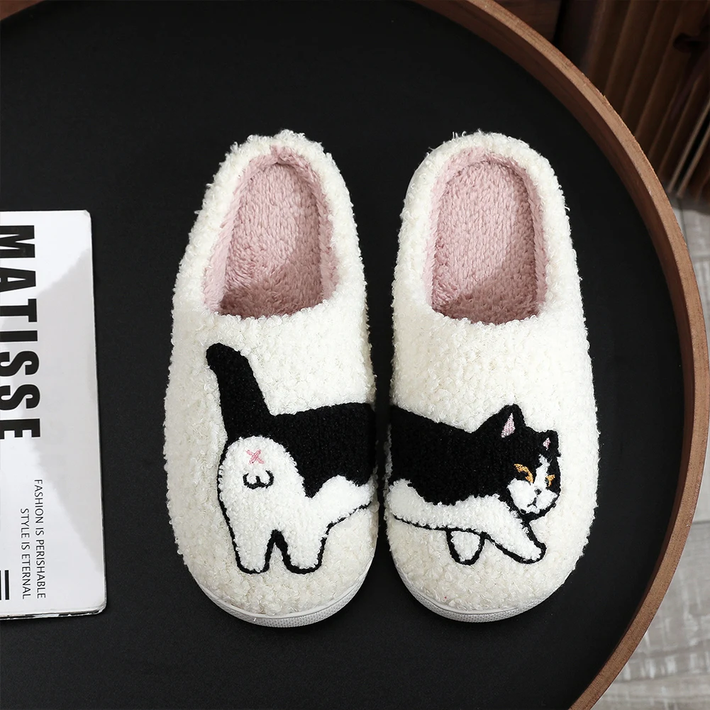 Plush Cow Cat Pet Pattern Embroidery stuffed Home Cozy Cotton Slippers Cute Warm Non-slip Indoor Slippers Pet Mom Gift Men Women