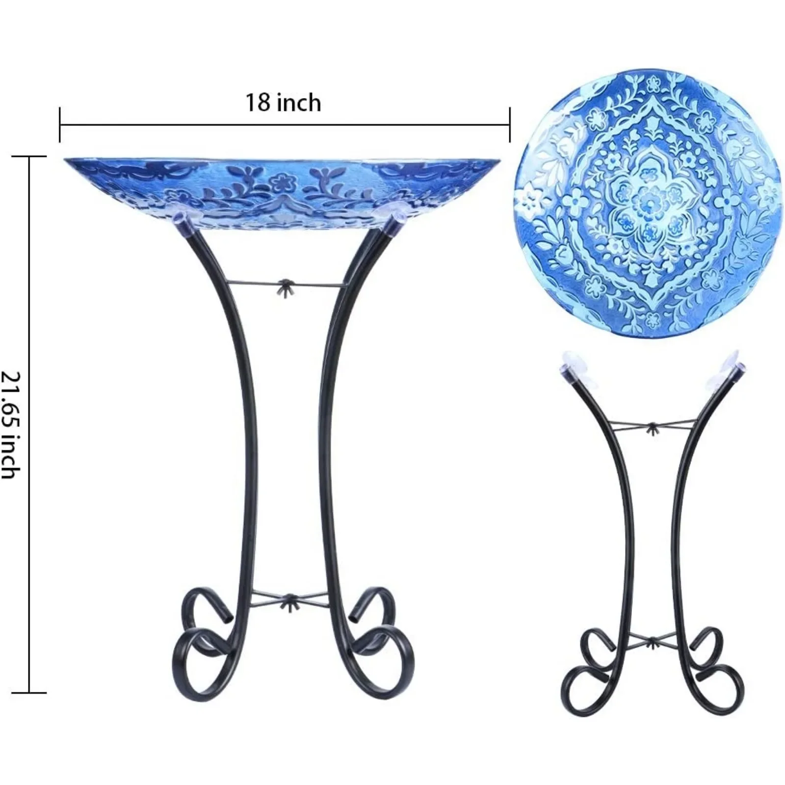 Outdoor Glass Birdbath with Metal Stand for Lawn Yard Garden Decor,18” Dia/21.65 Height