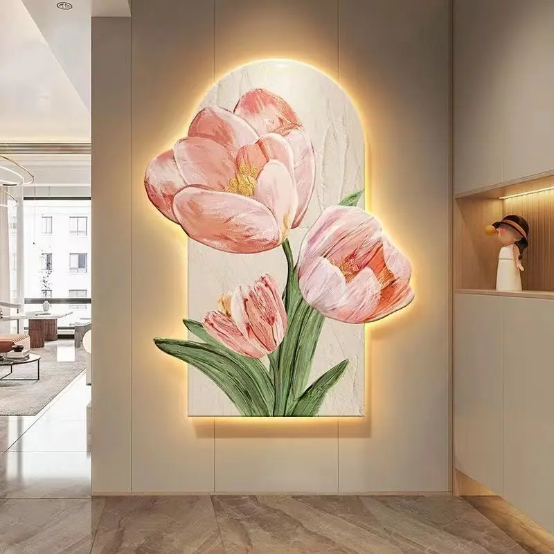 Oil painting style oil painting entrance door decorative art with LED lighting function, high-end atmospheric wall murals