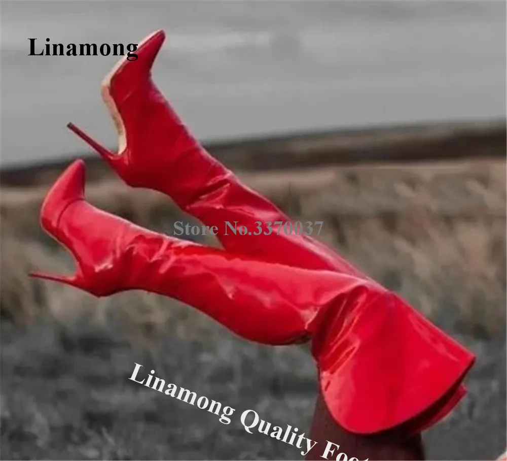 

Linamong Sexy Red Patent Leather Thin Heel Over Knee Boots Pointed Toe Back Zipper-up Stiletto Heel Long Boots Big Size