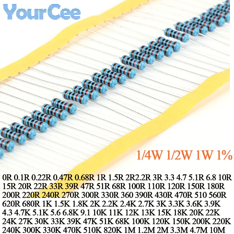 50pcs 1W 1/4W 1/2W Metal Film Resistor 1% 51R 51K 47R 470K 4.7R 360R 33R 33K 330R 330K 27R 270R 240K 200R 200K 1R 1M Resistance