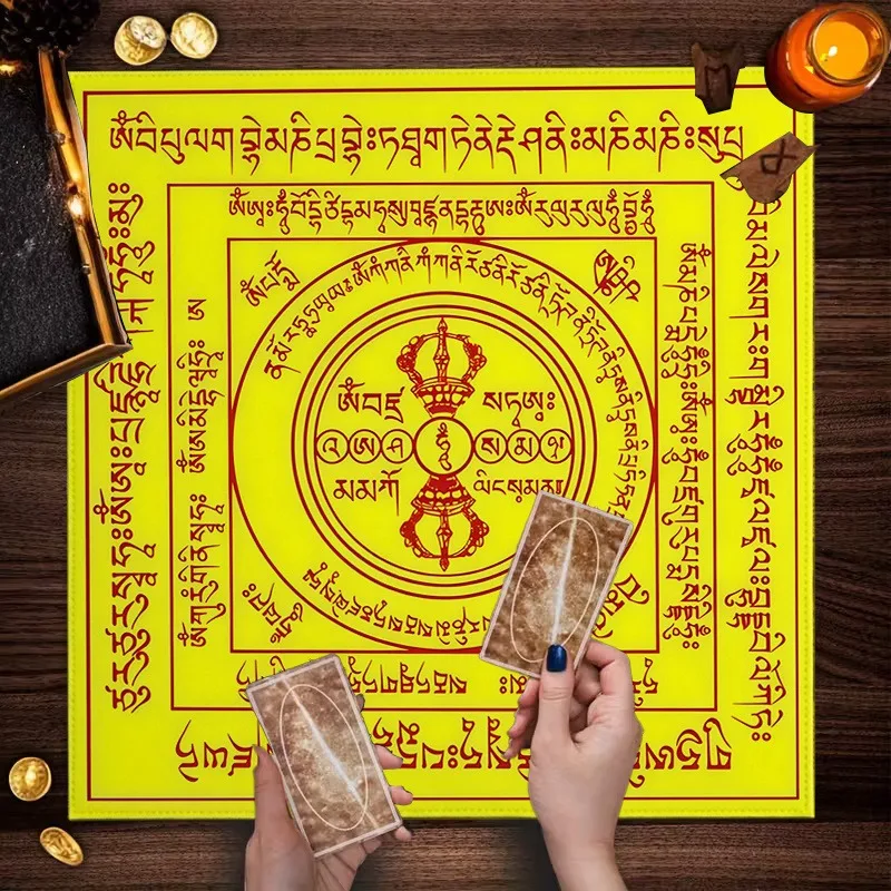 

Тибетская буддийская скатерть для Таро с мантрами, жёлто-красная алтарная ткань с принтом Ваджры, священный декор на религиозную тематику для гадания по Таро