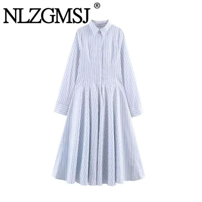 NLZGMSJ 2026 Frühling Lässiges Schickes Damenkleid Gestreiftes Einreihiges Langarm-Kleid Modisches Sommer-Midikleid