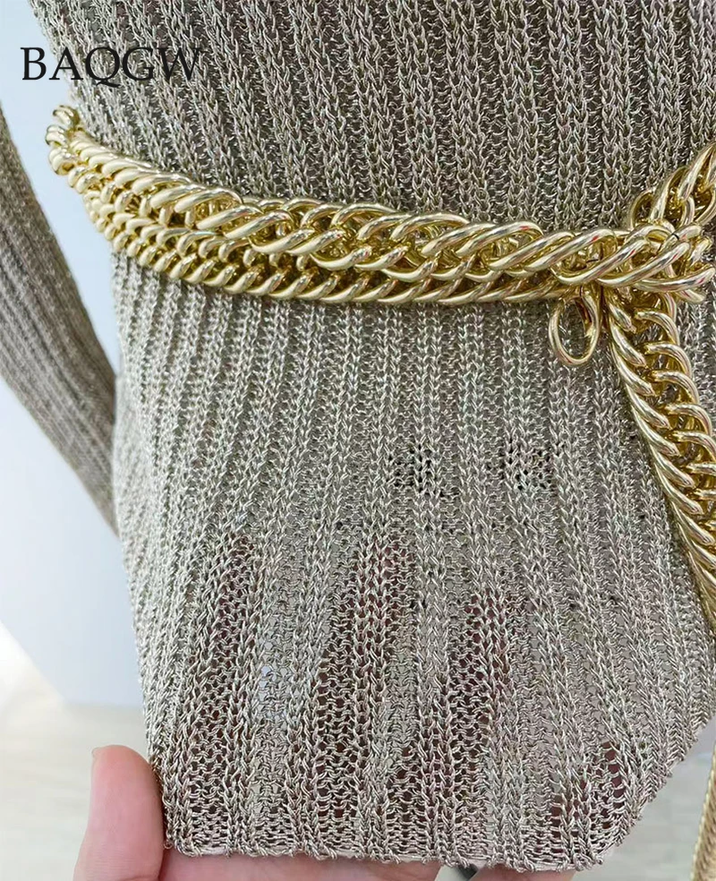 2025 AW 신상 여성용 골드 엘라스틱 풀오버 스웨터 라운드 넥 풀 플레어 슬리브 순색 니트 여성 상의