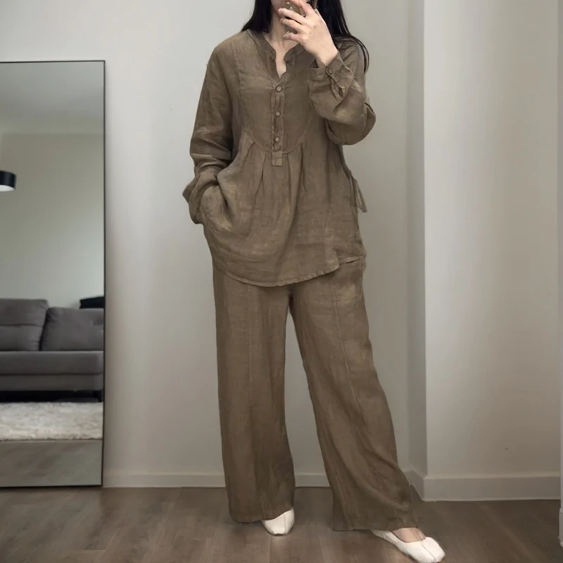 

Simple Solid Color Pants Sets For Women Fashion Folds Half Breasted Long-sleeved Shirt Top And Wide Legs Pants Two Piece Set