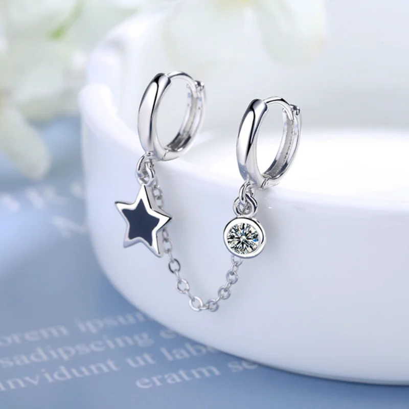 Women's Trendy Two Ear Hole Piercing Hoop Earrings Chain Tassel Black Pentagram Star Crystal Simple Boho Earring Jewelry Gifts