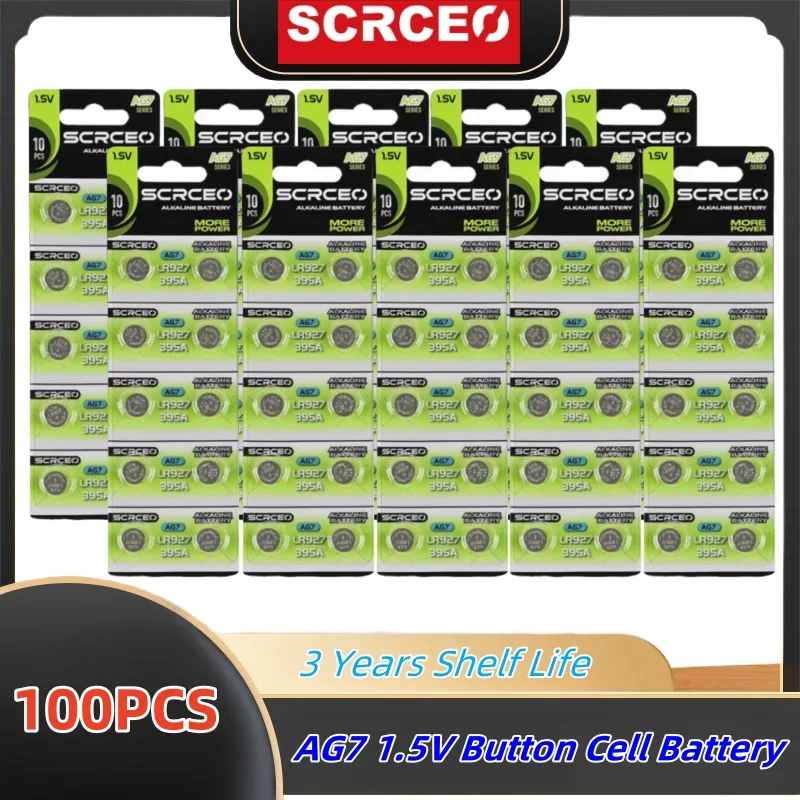 

High Quality 100PCS AG7 1.5V Alkaline Button Cell Battery LR927 LR57 SR927W 399 G7 Watch Toys Remotes Cameras with Batteries