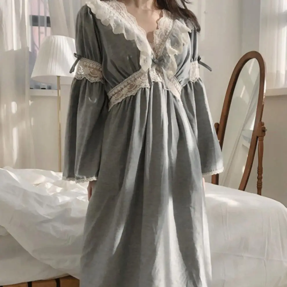 Vintage Nightgowns Women Autumn Lace V-neck Pajamas Dress Long Homewear Home Outside Casual Gray Loose Nightgown Sleeping Woman