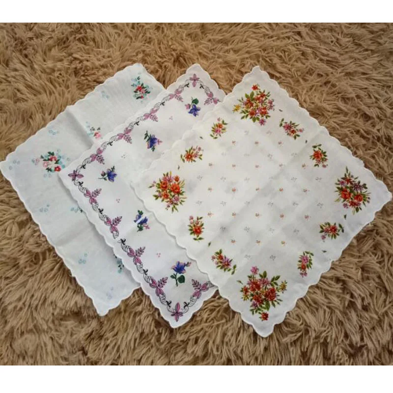 5pcs Vintage flower Women Square lady Handkerchief white lace Printed children Cotton wedding Christmas party hand towel hanky