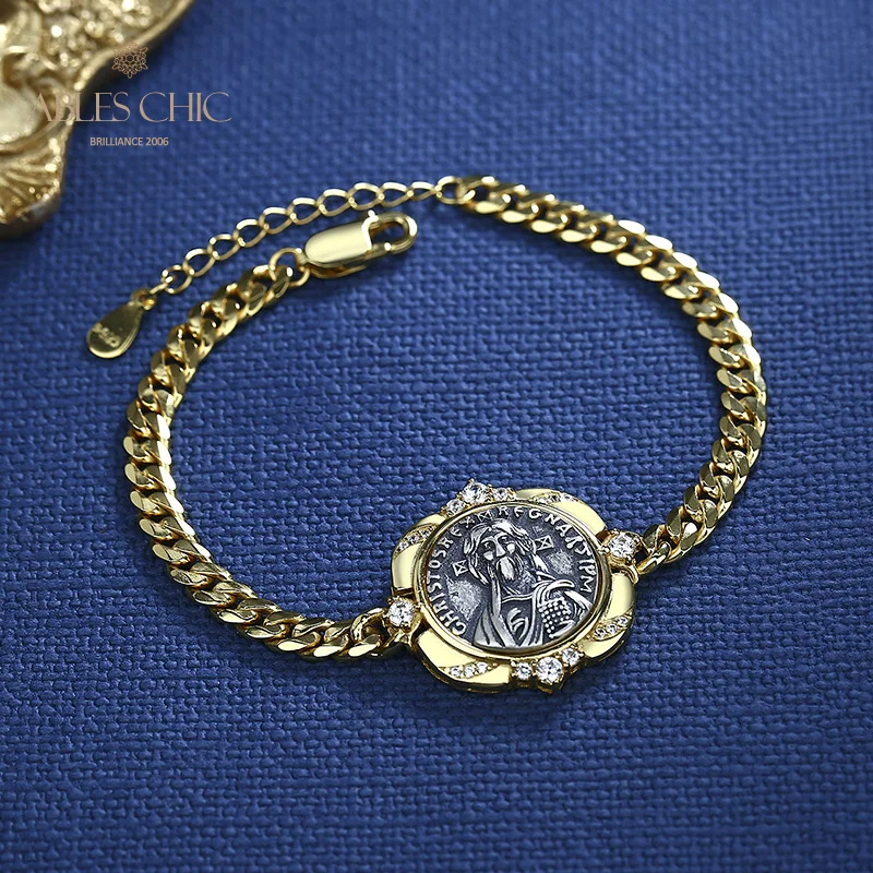 Ables Chic Greek Justinian II Coins Solid 925 Silver Roman Coin CZ Paved Chain Bracelet B1004