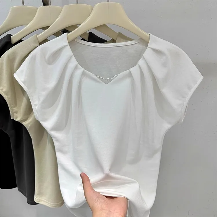 V-neck Feifei sleeve cotton T-shirt women's 2024 summer new design sense fashion pleated chain decoration slim and slim top