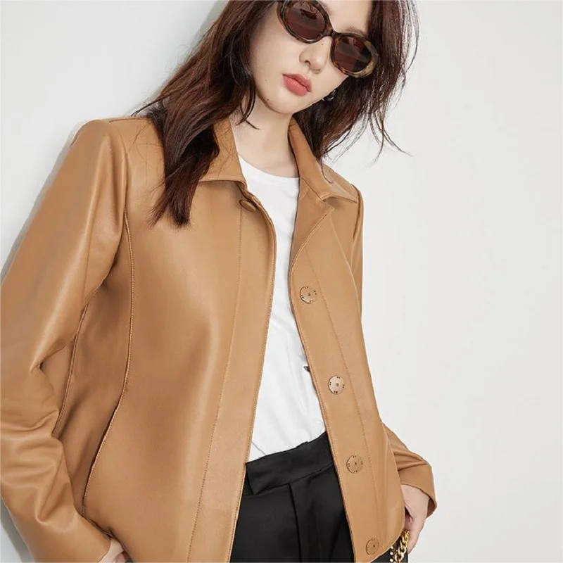 Manteau en cuir véritable pour femme, bouton recouvert de revers, court en peau de mouton d\'Espagne, blanc, marron, printemps, automne