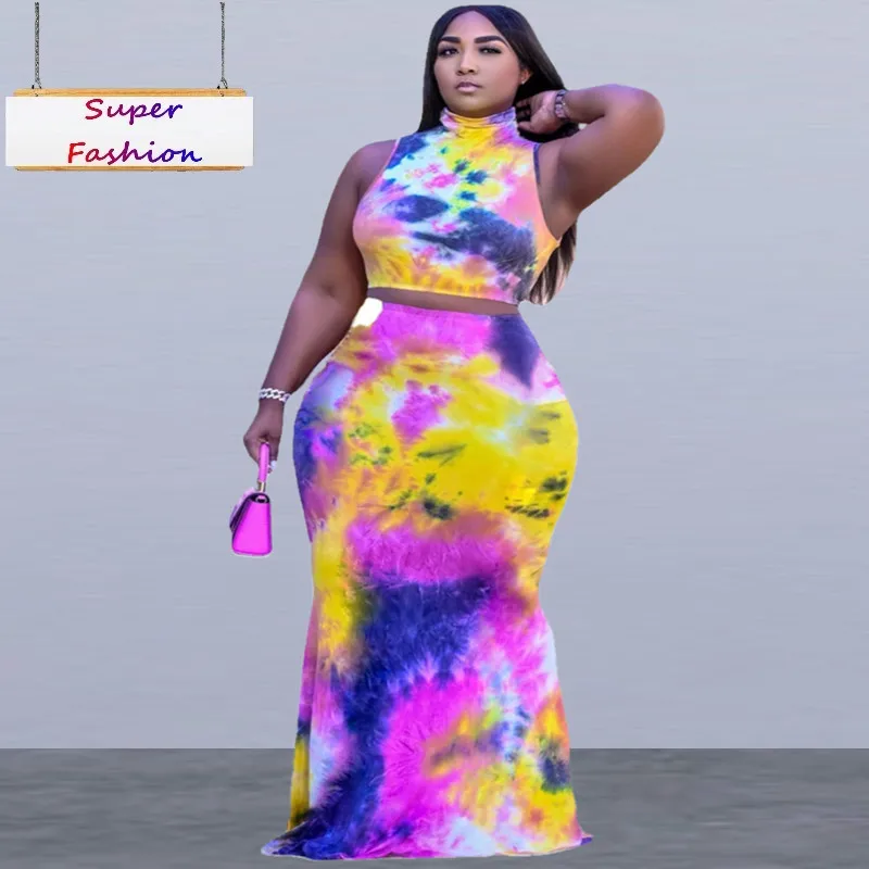 XL-5XL Plus Size Sets Women Clothing Summer 2022 Sexy Tie Dye Sleeveless Top And Long Skirt 2 Two piece set dress suit Wholesale