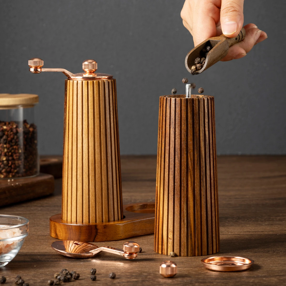 1PC-Hand-cranked acacia wood line pepper grinder solid wood manual grinding bottle western seasoning bottle