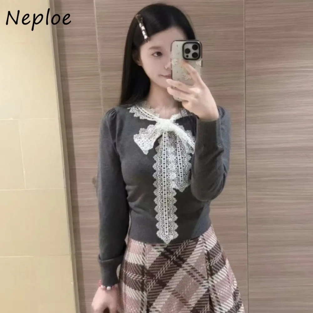 

Neploe Casual Fresh O Neck Ruched Cardigan New Temperament Lace Bow Jumper Japan French Slim Lace Up Long Sleeve Knit Sweaters