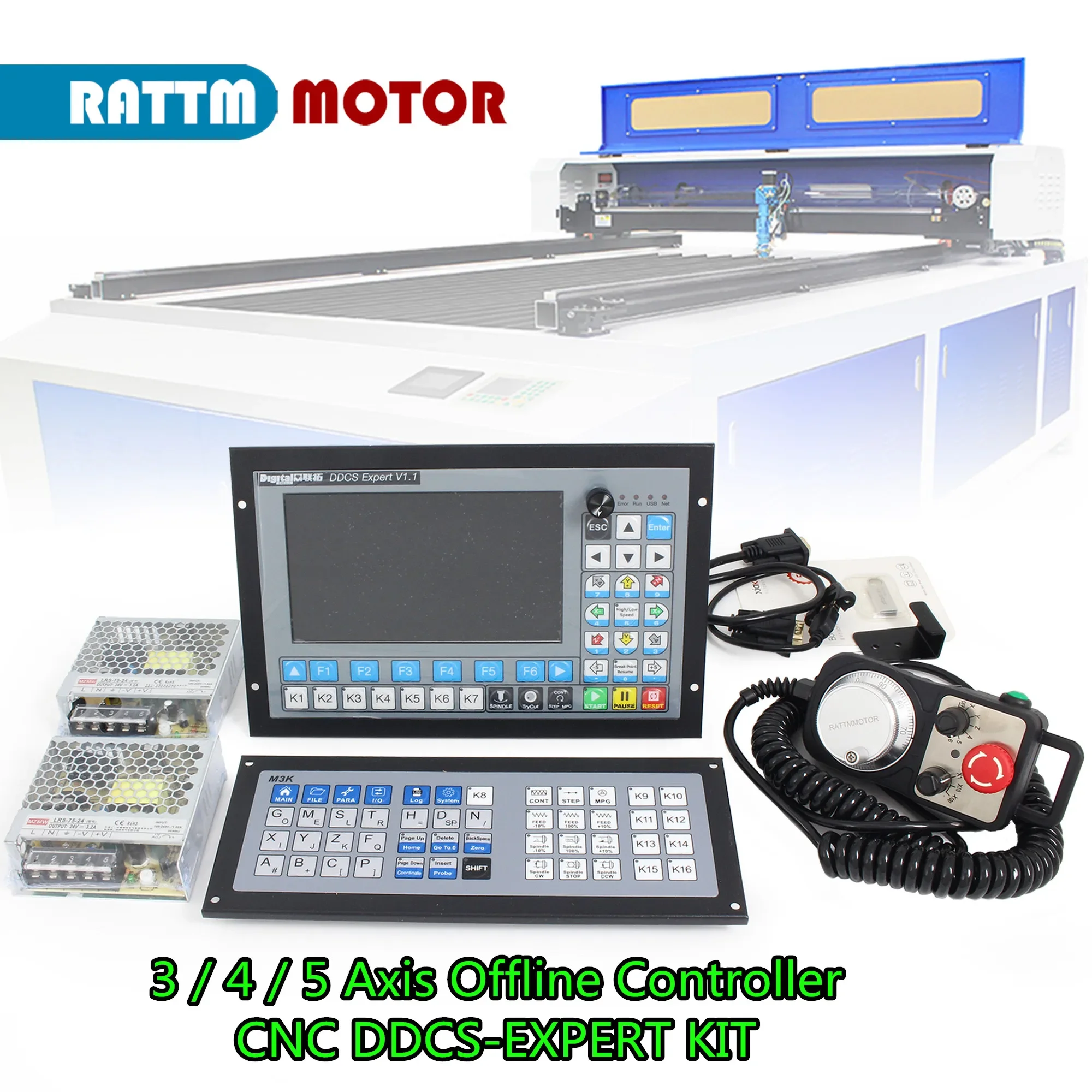 3 4 5 Axis DDCS Expert PLC Off-line Stand Alone Motion Controller+MPG Handwheel+ Extended Keyboard+750w 220v Servo Motor Kit