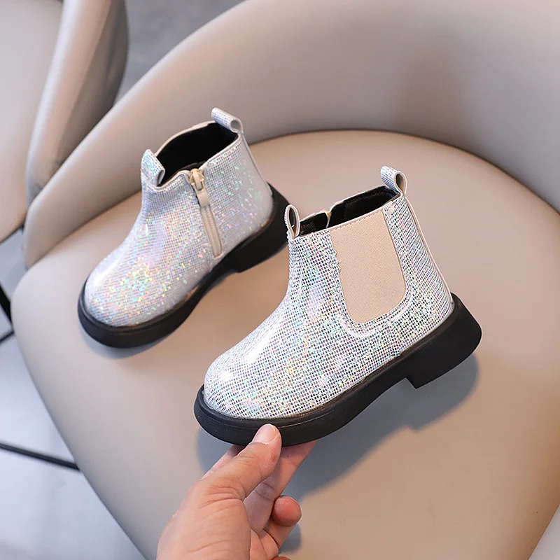 

2024 Autumn Winter Baby Kids Leather Boots Grils Fashion Ankle Boots Shiny Princess Shoes Kids Thicken Warm Snow Shoes for 21-30