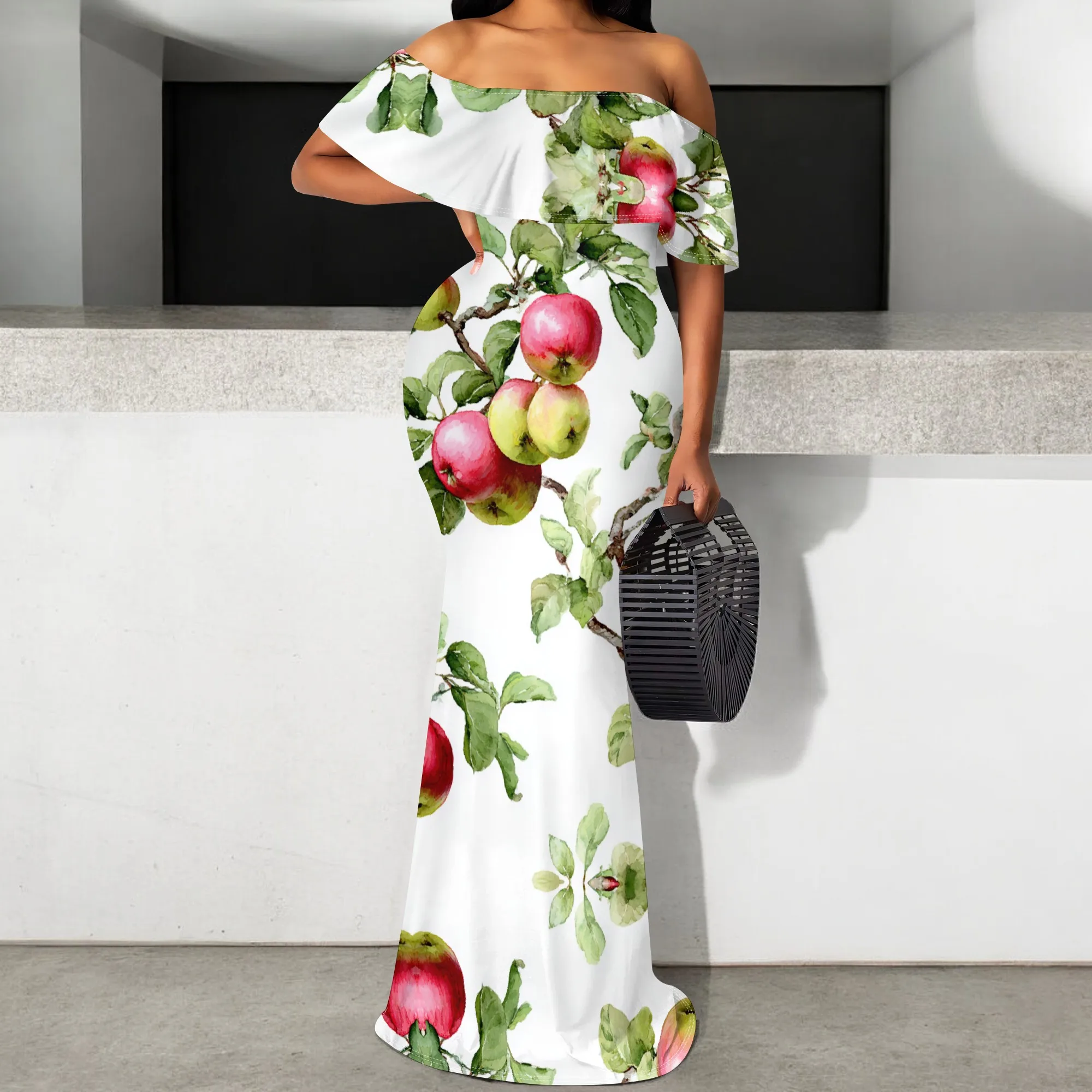 

Apple Tree Print Off Shoulder Maxi Dress S-3XL Mermaid Hem Slim Fit for Garden Party, Summer Wedding or Tropical Vacation Look