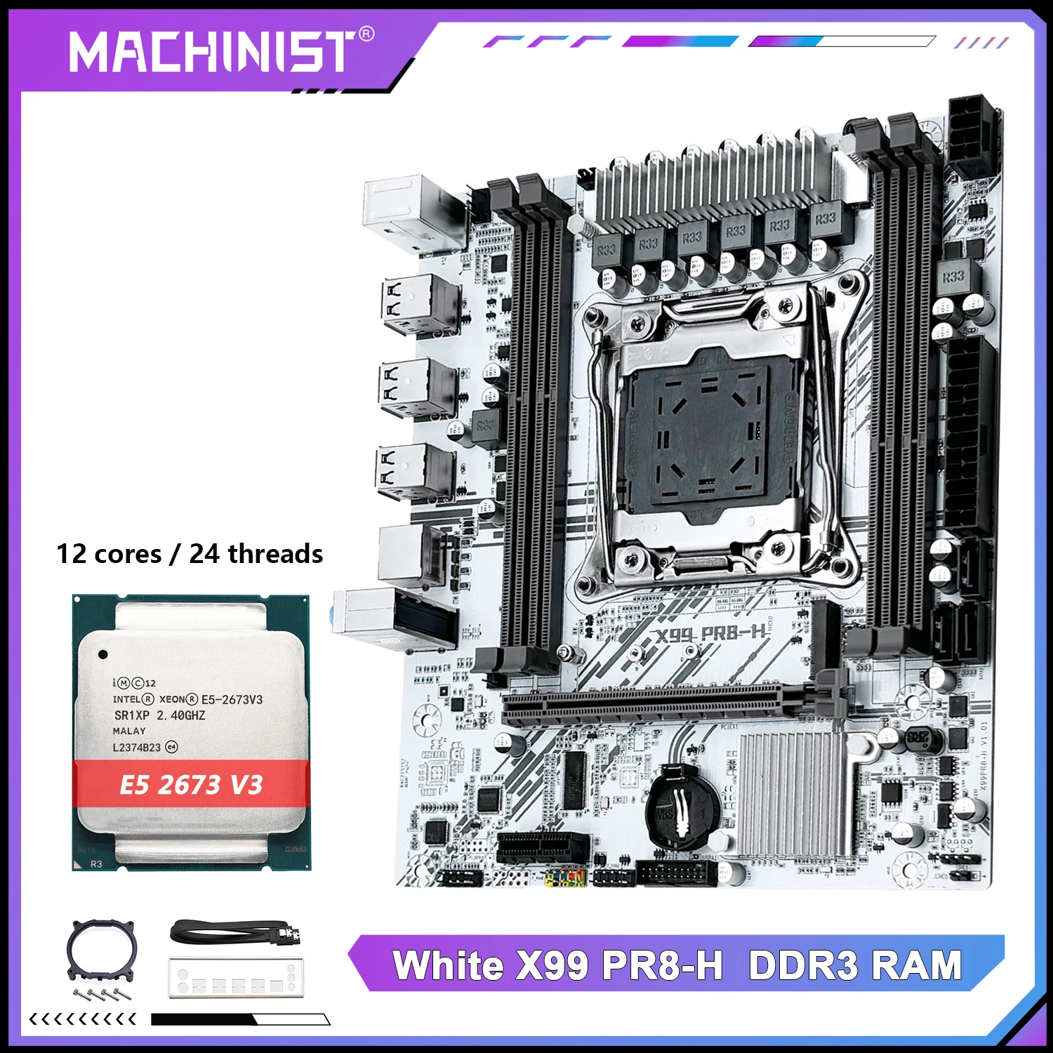 MACHINIST X99 Motherboard Intel Xeon E5 2673 V3 CPU LGA2011-3 DDR3 16GB RAM NVME/SATA M.2 White PR8-H