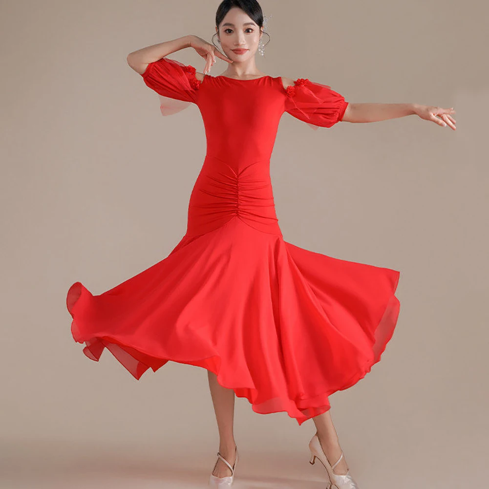 

Puff Sleeve Waltz Female Green Standard High Quality Short Sleeve Black Competition New Practice Uniform Chiffon Red Dress