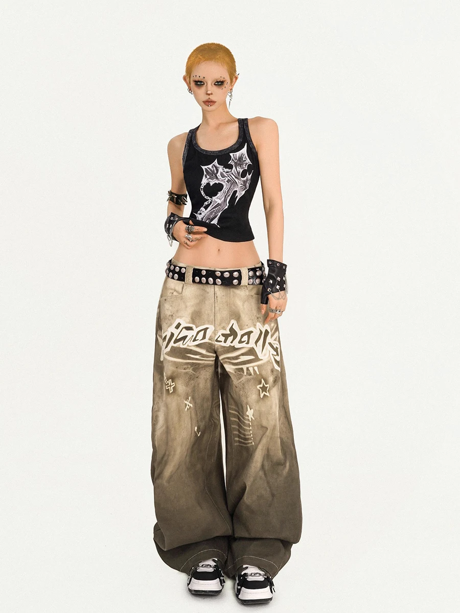 REDDACHiC Y2k Stampa Star Baggy Jeans Donna Distressed Tasche sfumate Gamba larga Vita bassa Pantaloni a botte Abiti estetici di moda