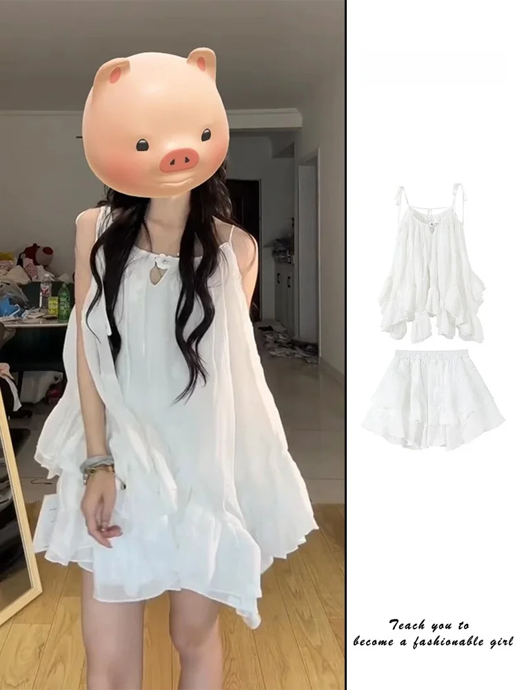 Letni Biały Zestaw Damski z Ramiączkami, Słodki, Plażowy, Bufiasta Spódnica, Krótki Top, Okrągły Dekolt, Bez Rękawów, Przez Głowę