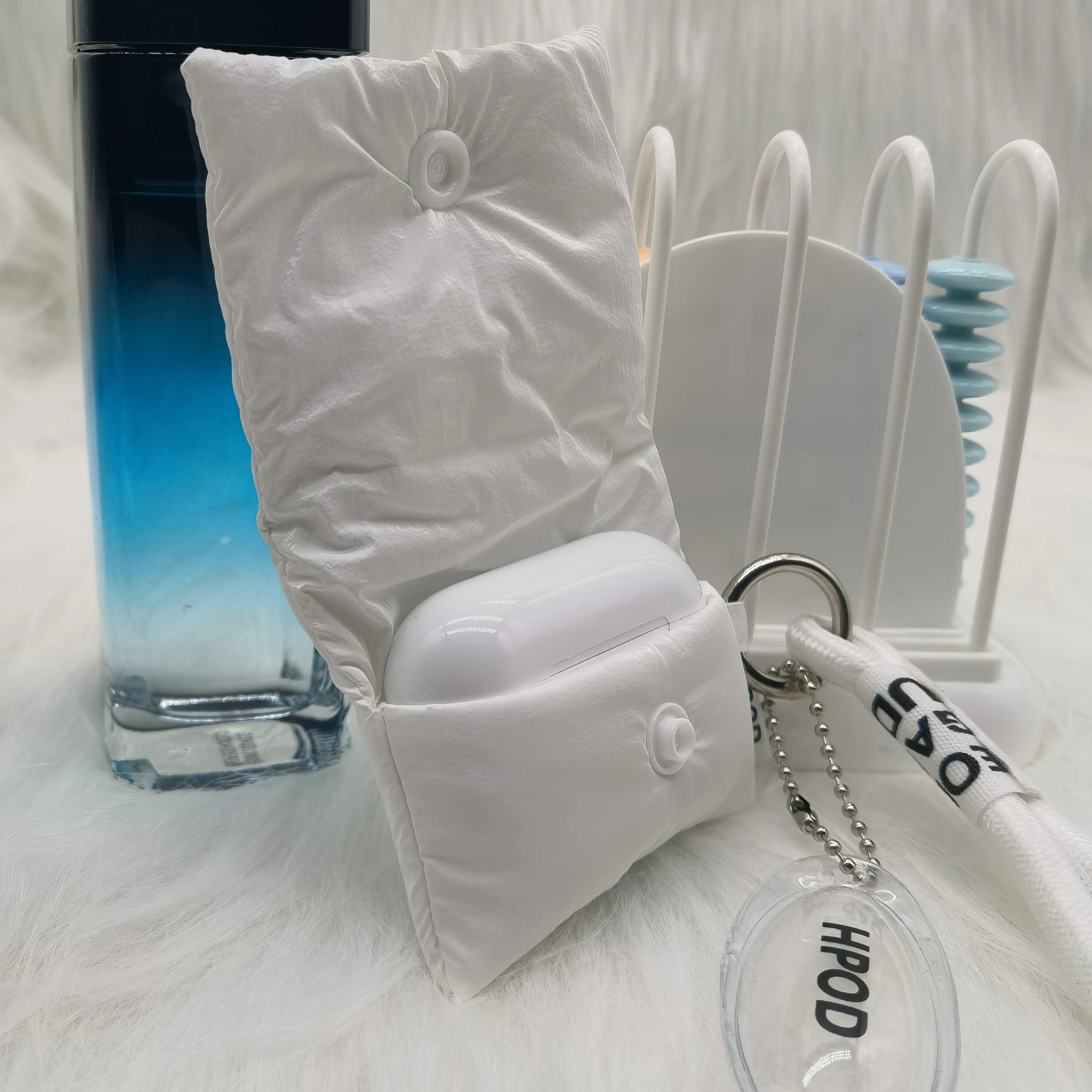 Down Cotton Soft Puffer AirPods Case for AirPods 4/3/Pro, Fashionable Earbuds Cover Bag with Portable Carry Strap, Shockproof Pr